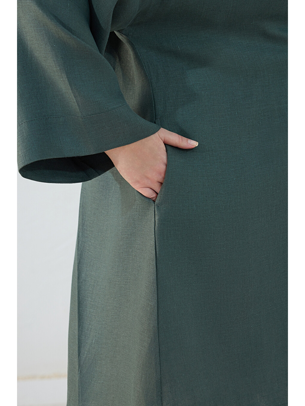 Yeşil Zümrüt Dökümlü Keten Kimono-5