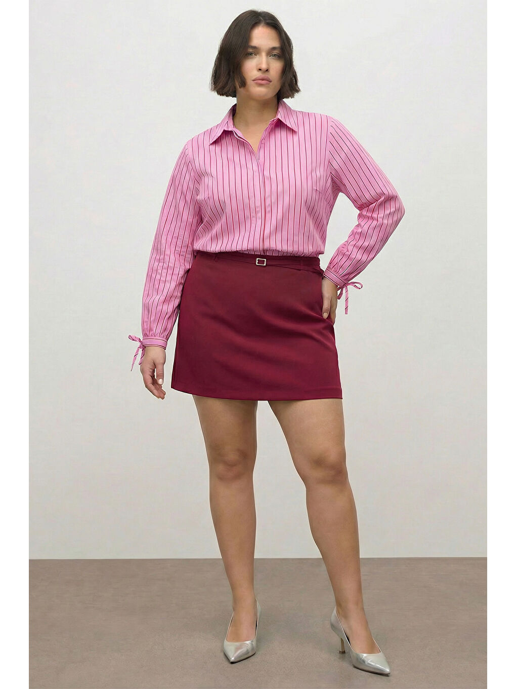 Pembe Bağcıklı Kol Detaylı Çizgili Gömlek-3