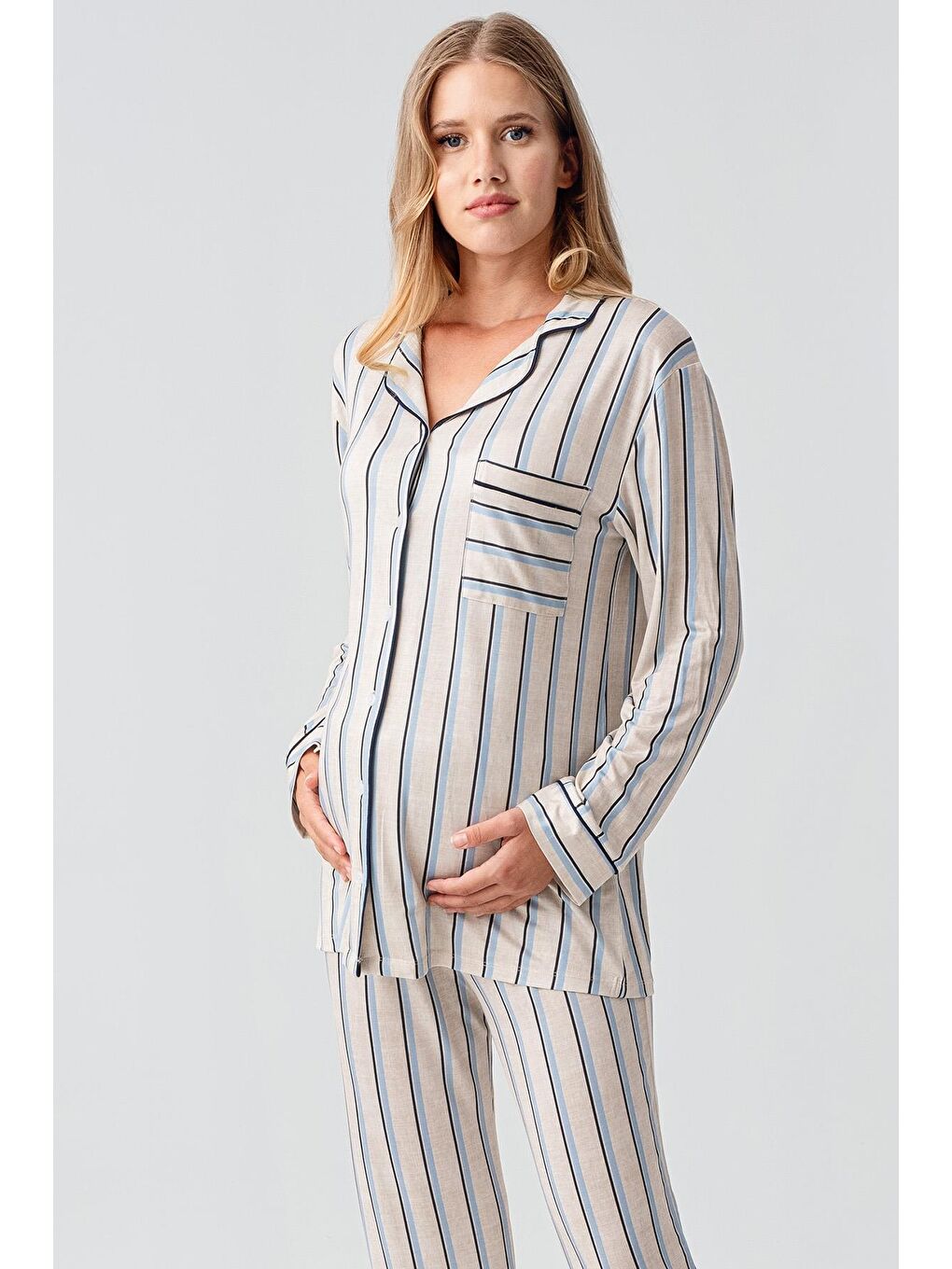 Mavi Uzun Kollu Çizgili Düğmeli Esnek Viskoz Pijama Takım 18220-3