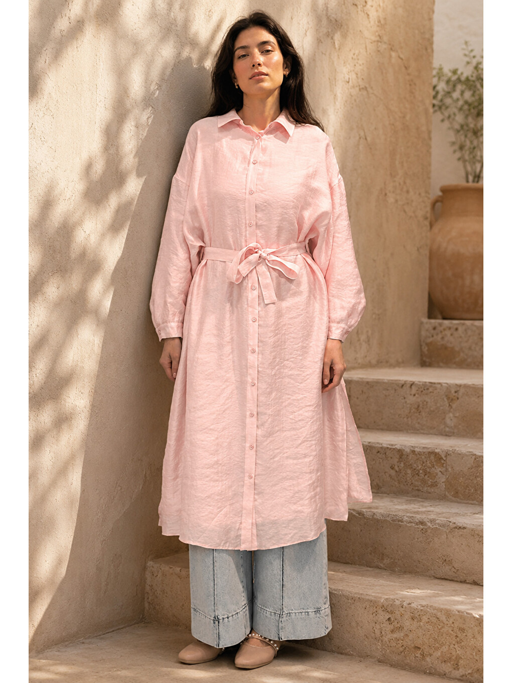 Çift Katlı Kuşaklı Nil Tunik 165 Pembe