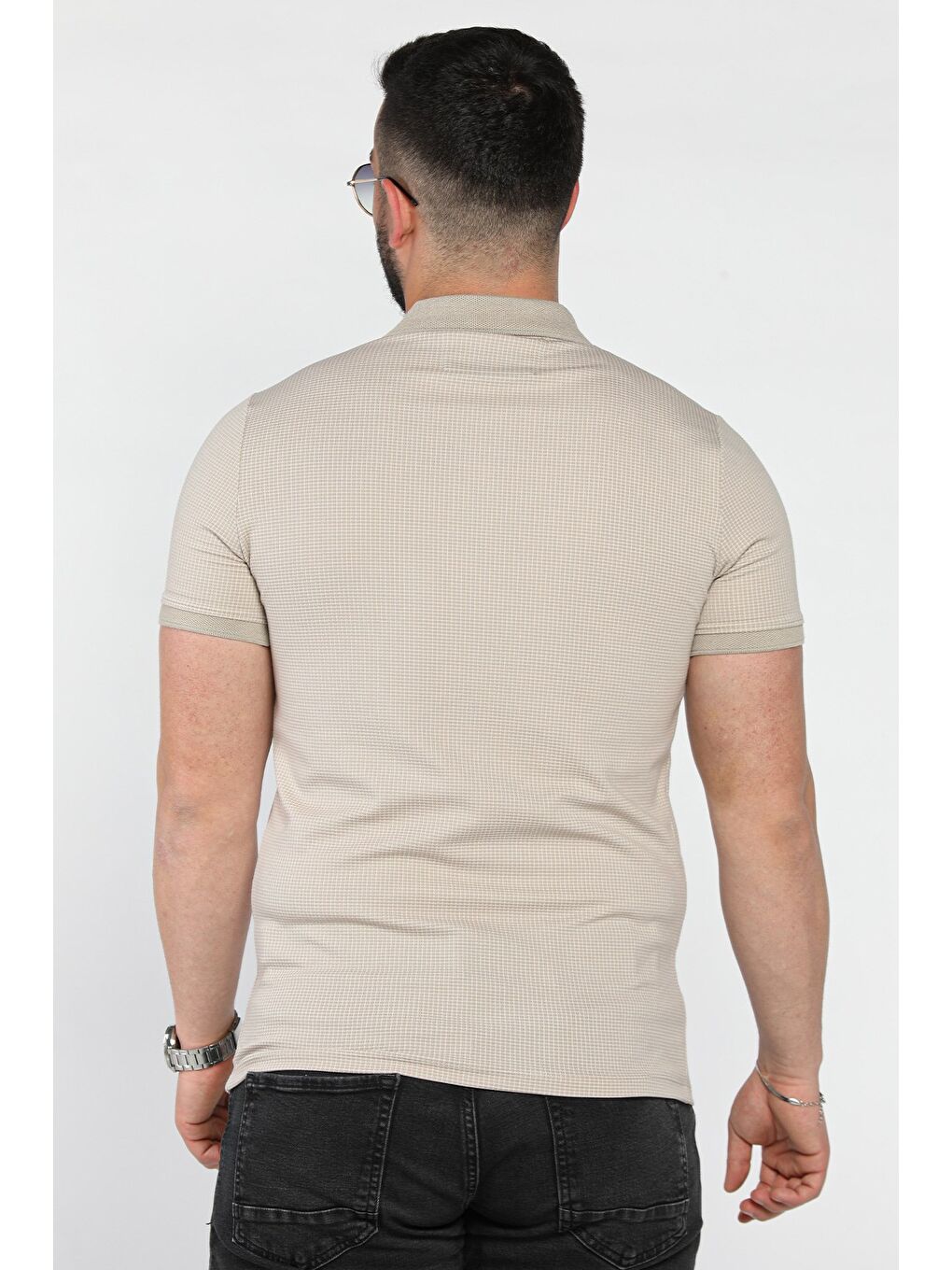 Bej Erkek Polo Yaka Yarım Düğmeli Tişört-2