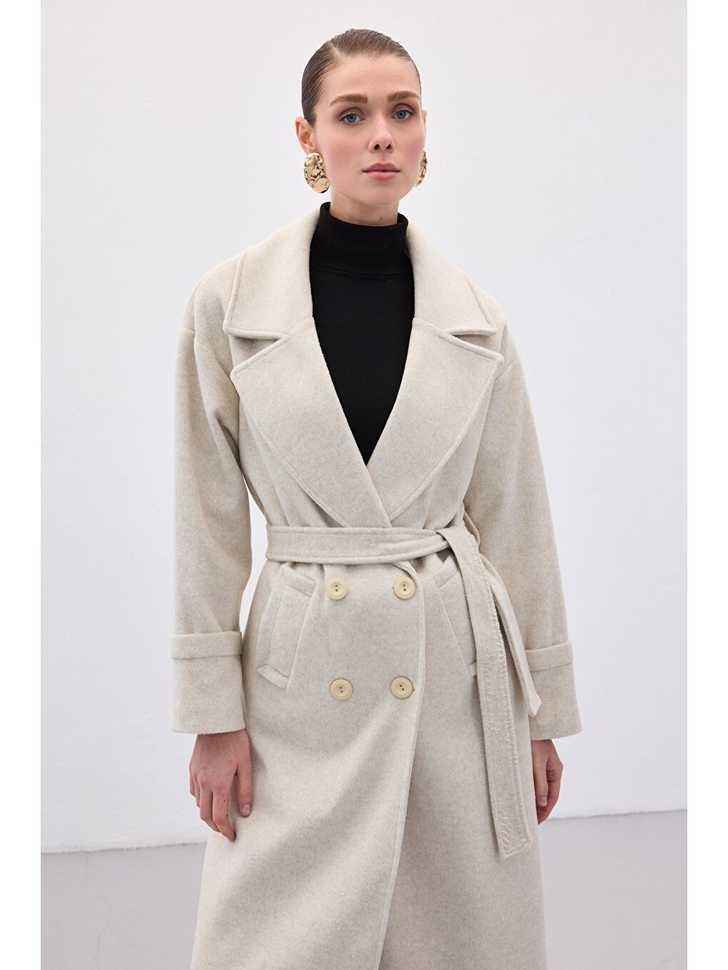 Bej Beli Bağlamalı Uzun Kaban - Taş-5