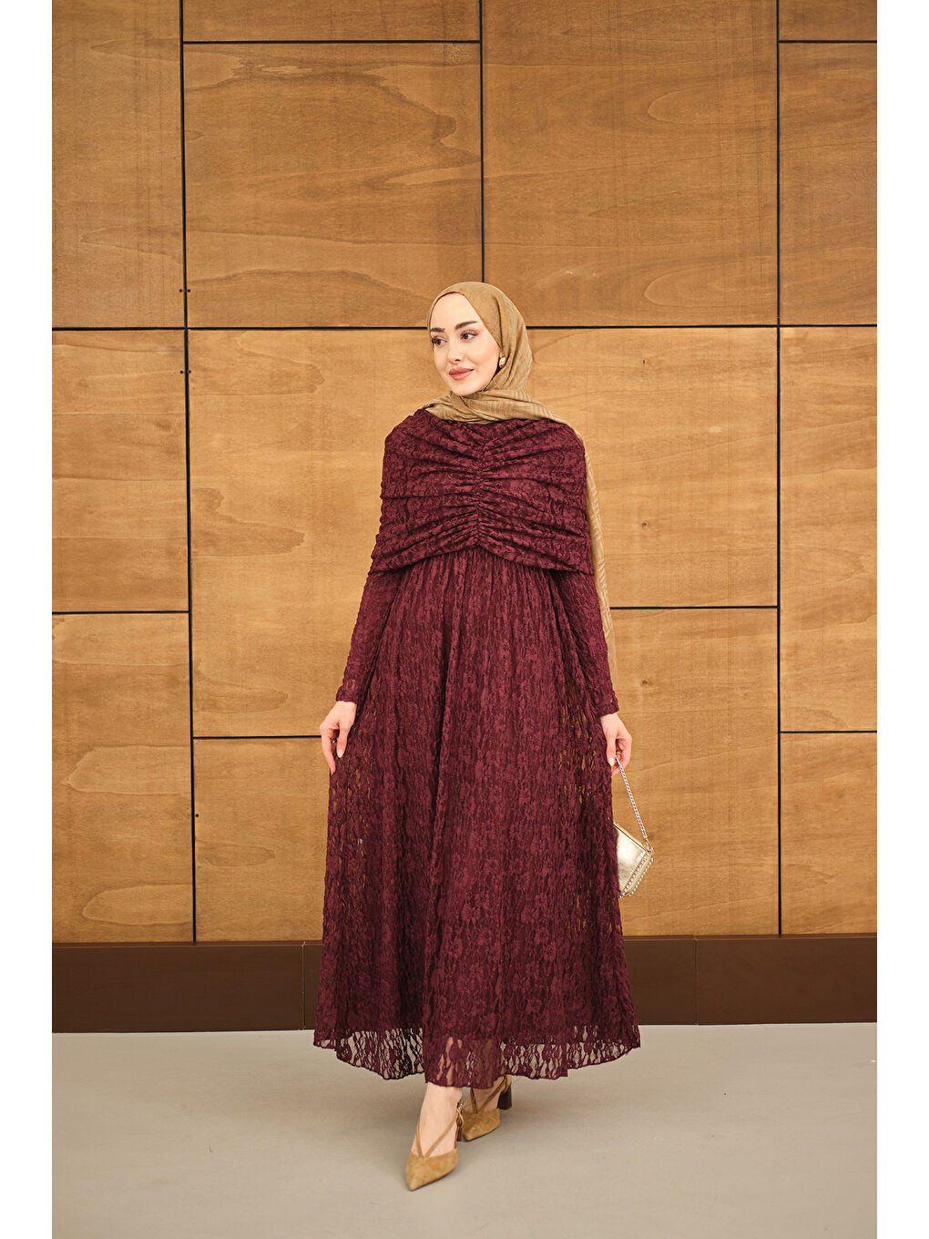 Kadın Kendinden Desenli Tül Detay Beli Lastikli Elbise Bordo-1