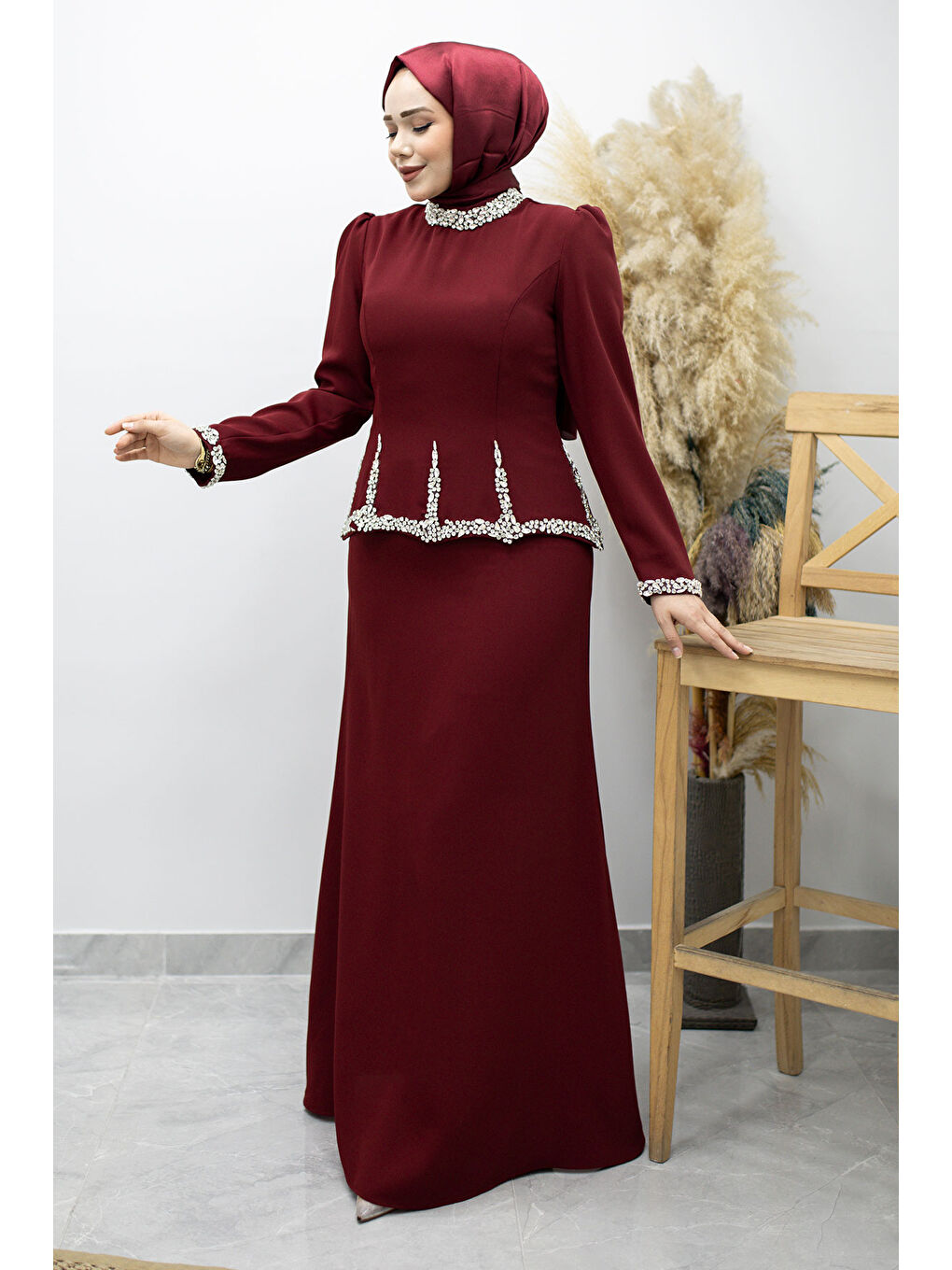 Taş İşlemeli Peplum Abiye TSD260195 Bordo