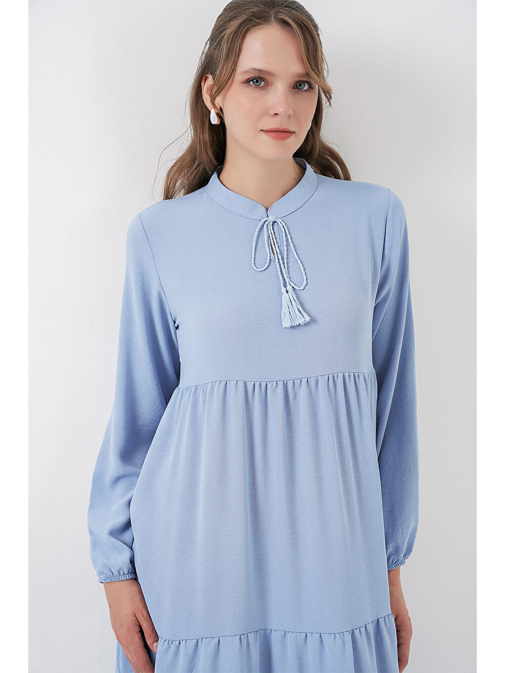 T1627 Yaka Bağcıklı Elbise - Koyu Mavi-1