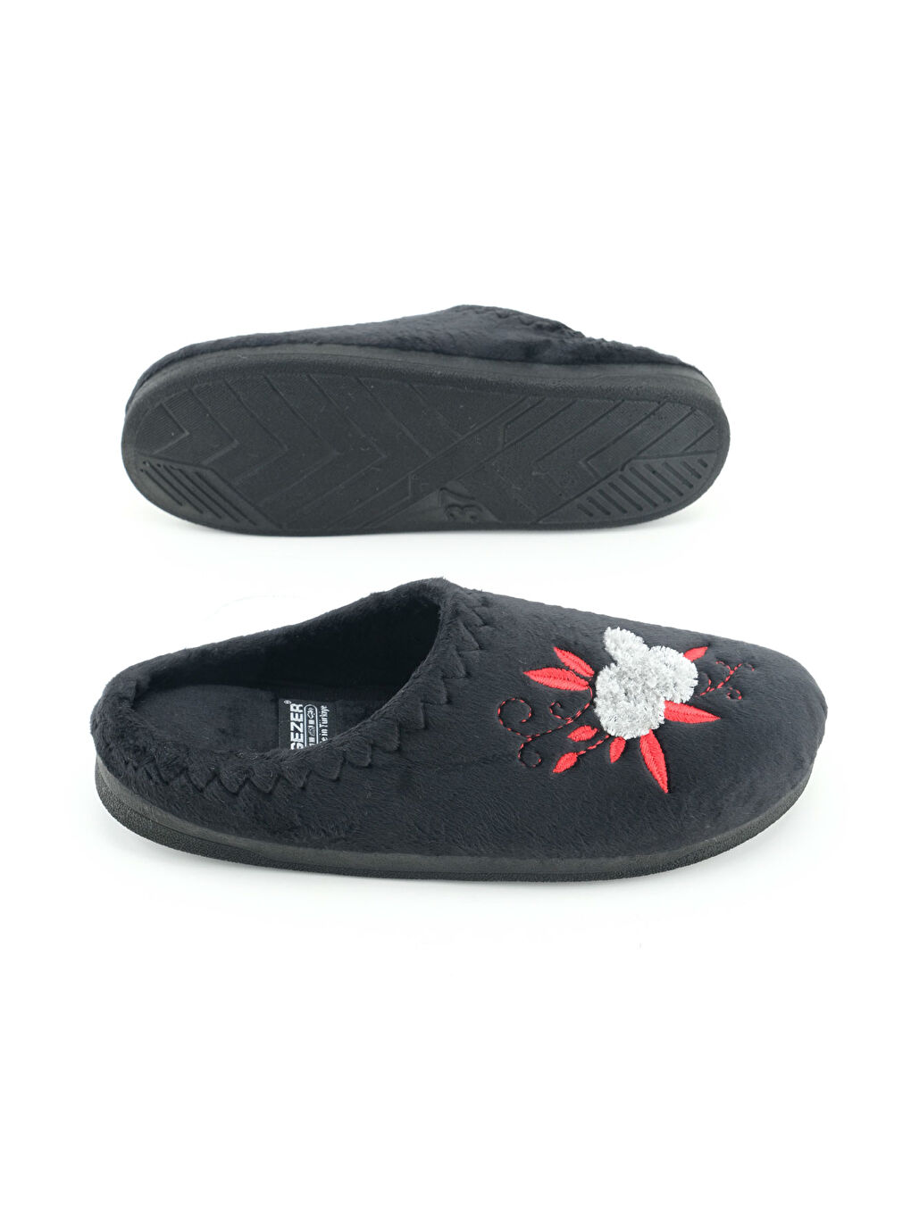 Siyah Kadın Kışlık PU Rahat Taban Nakışlı Tasarım Ev Bahçe Terlik-4