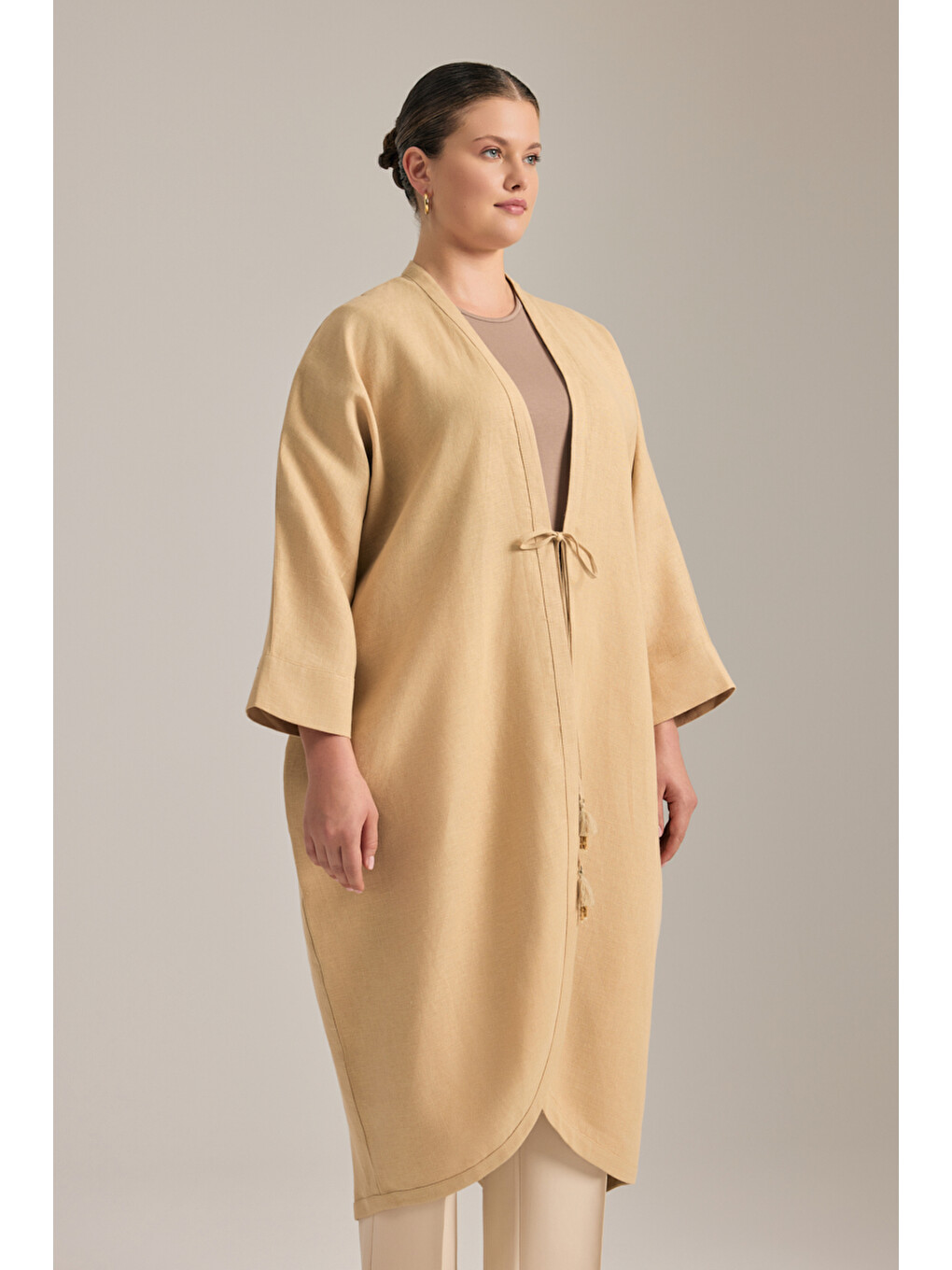 Bej Taş Önden Bağcıklı Kimono-2