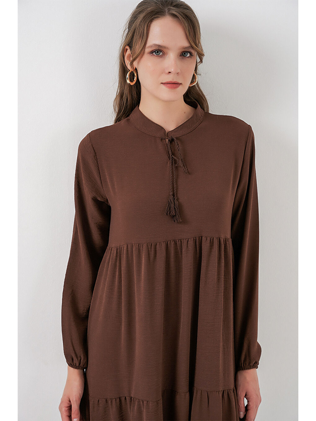 Kahverengi T1627 Yaka Bağcıklı Elbise - E. Kahve-2