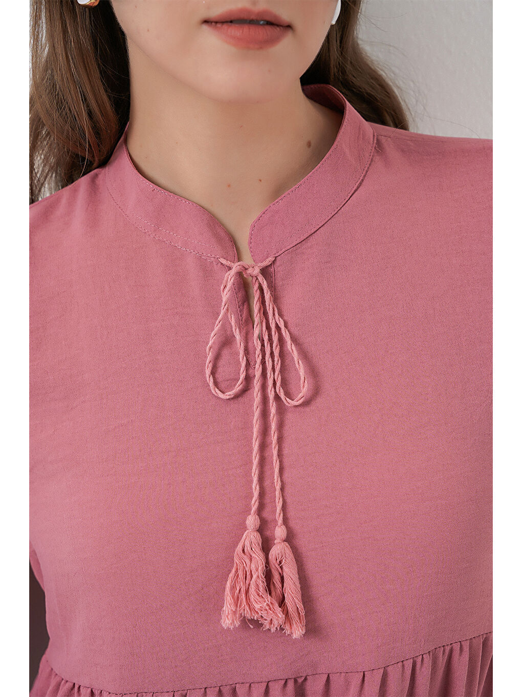 Pembe T1627 Yaka Bağcıklı Elbise - Gül Kurusu-4