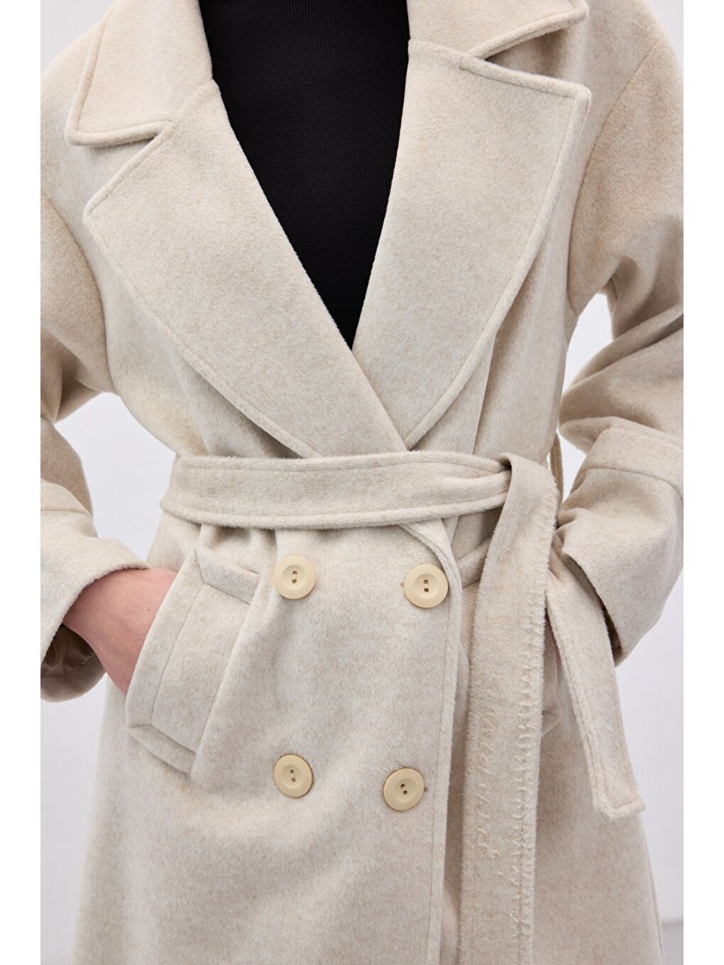 Bej Beli Bağlamalı Uzun Kaban - Taş-6