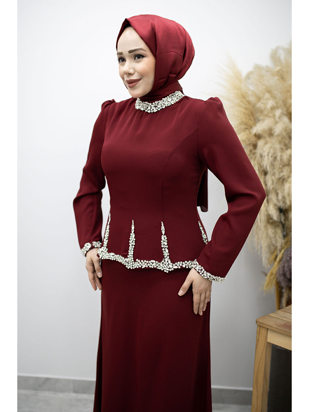 Taş İşlemeli Peplum Abiye TSD260195 Bordo-1