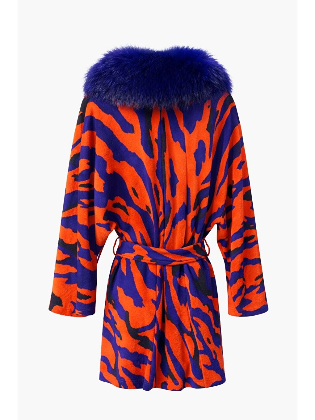 Karışık Nar Çiçeği Kürk Yakalı Mavi Kırmızı Desenli Kemerli Hırka-1