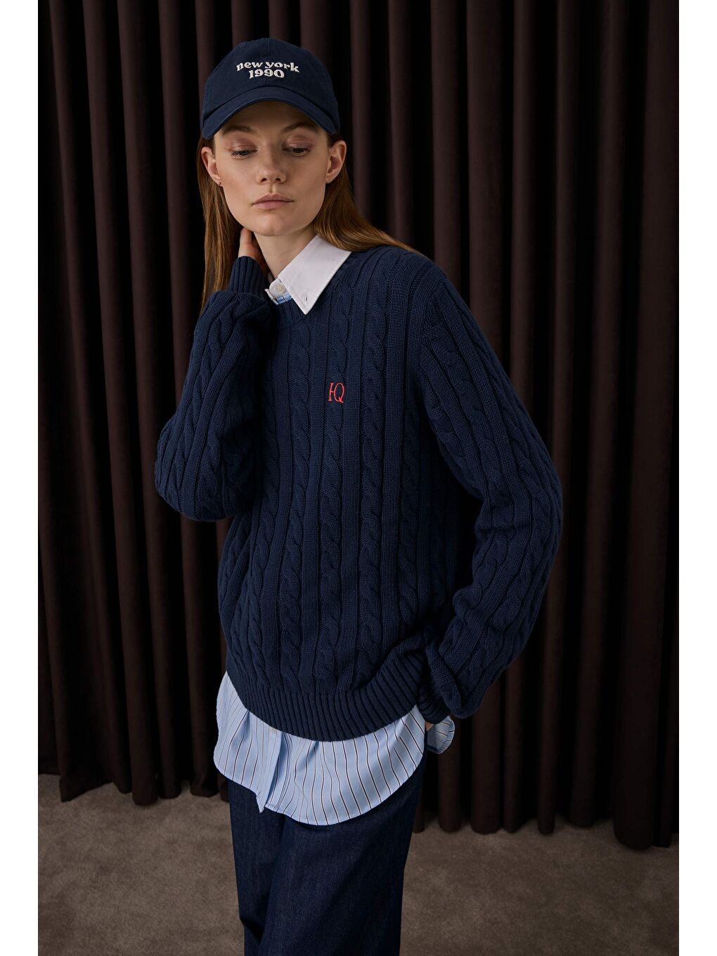 Örgü Desenli Triko Kazak Lacivert