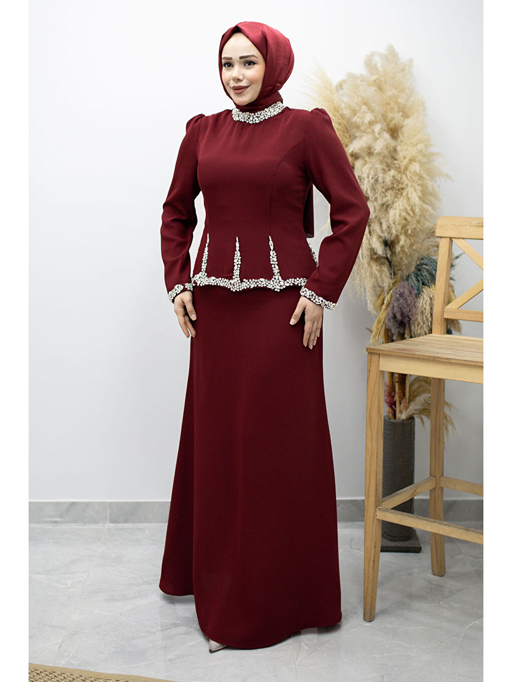 Taş İşlemeli Peplum Abiye TSD260195 Bordo-2