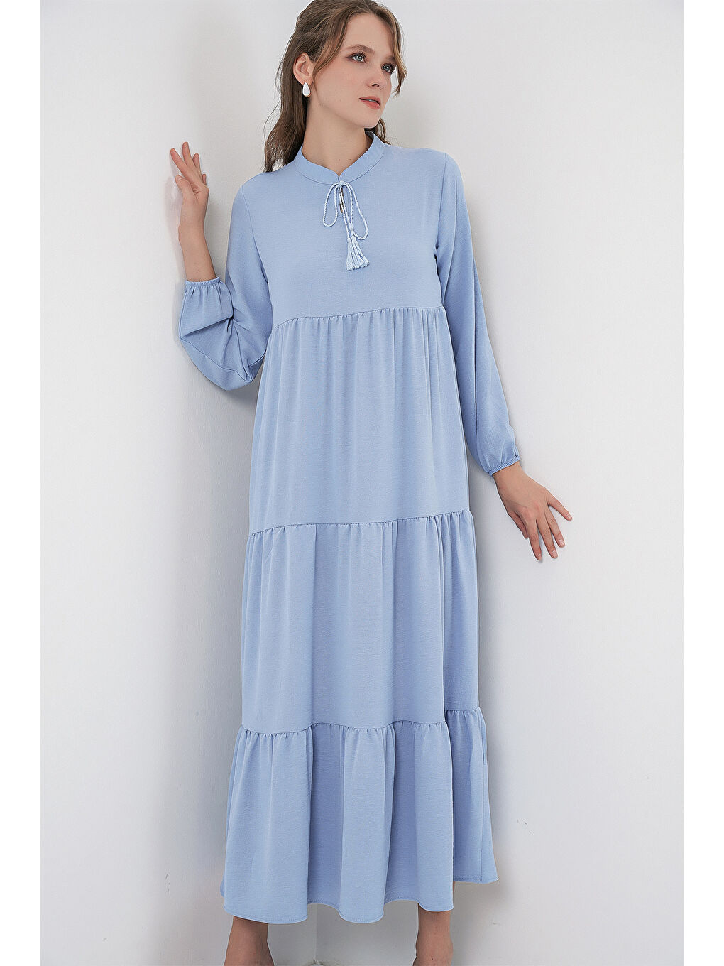 T1627 Yaka Bağcıklı Elbise - Koyu Mavi-2