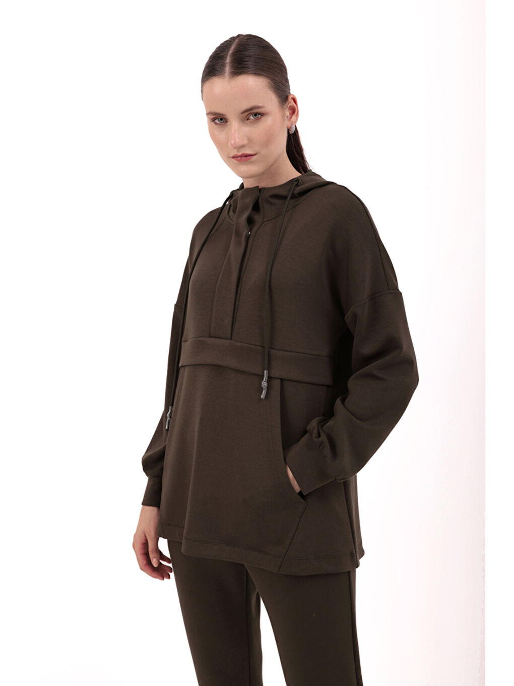 Haki Kapüşonlu Örme Spor Sweat