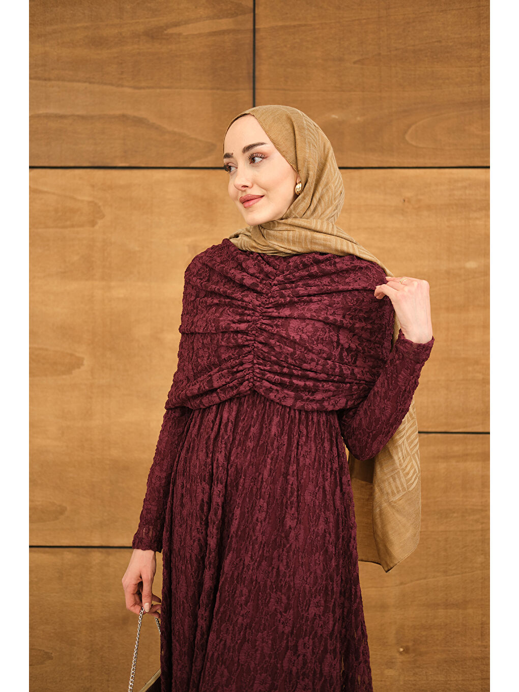 Kadın Kendinden Desenli Tül Detay Beli Lastikli Elbise Bordo-3