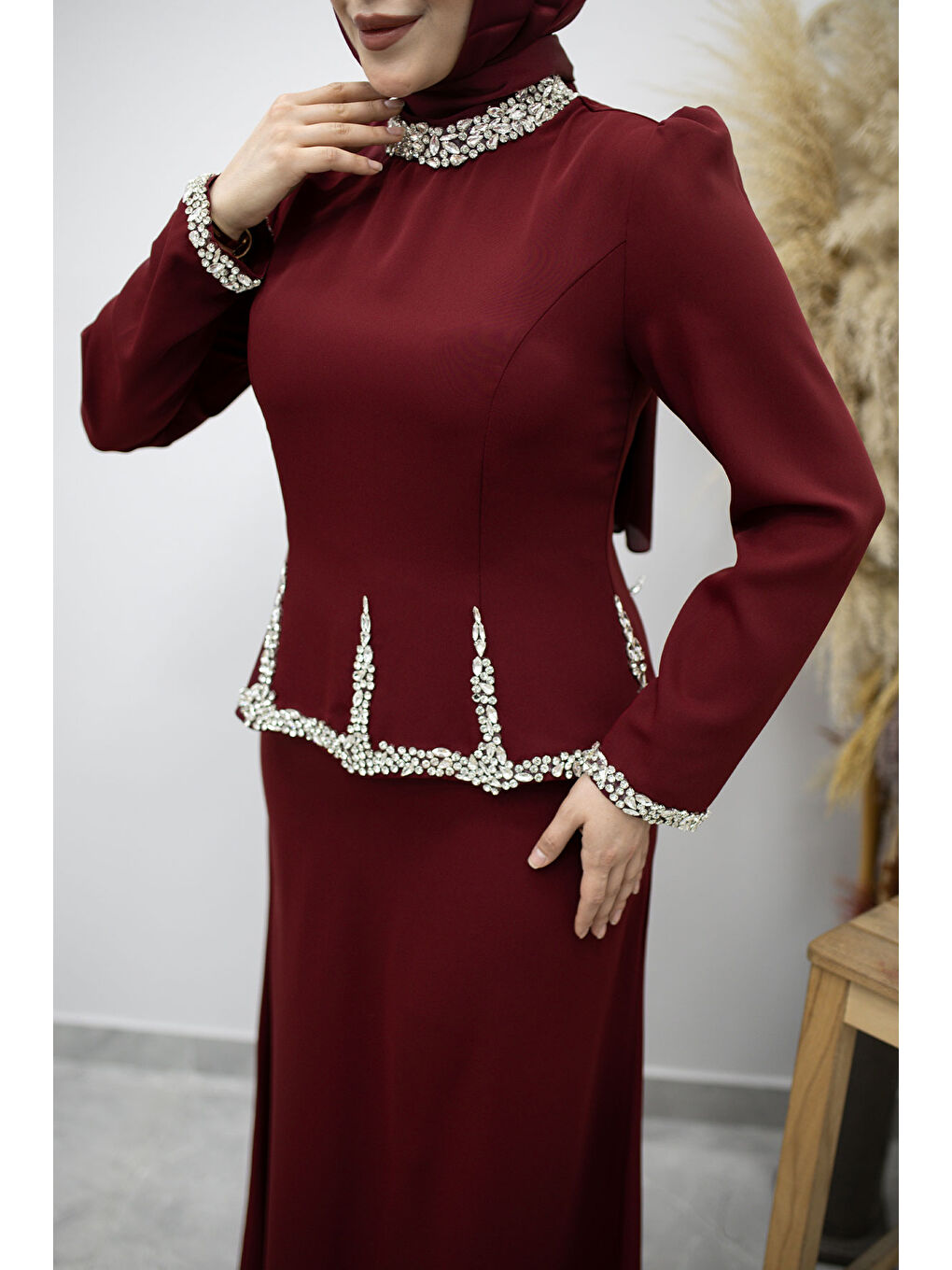Taş İşlemeli Peplum Abiye TSD260195 Bordo-3