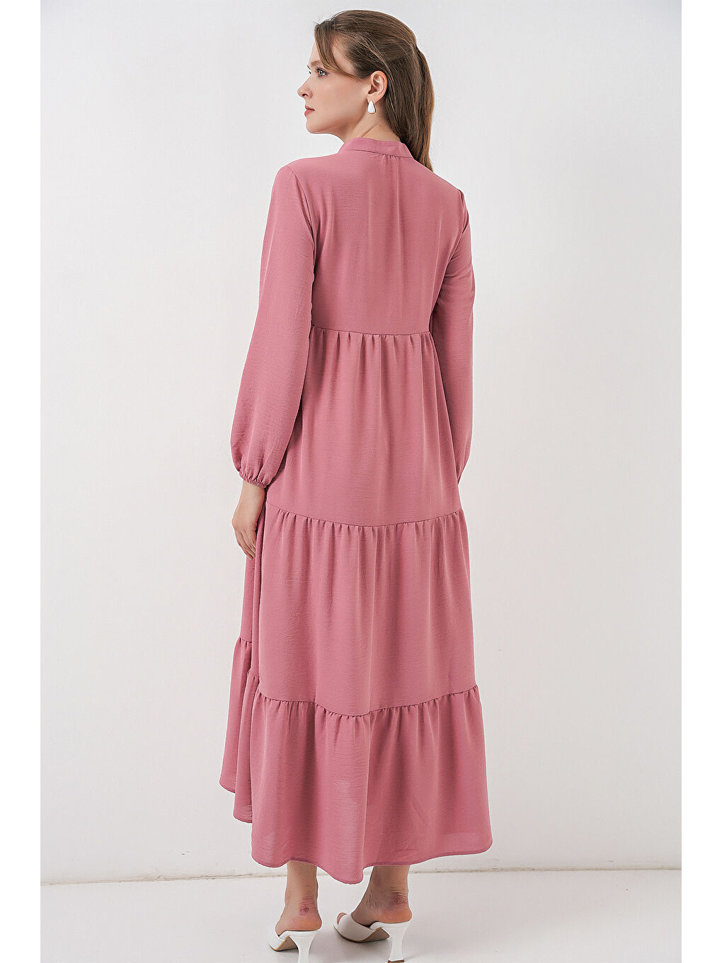 Pembe T1627 Yaka Bağcıklı Elbise - Gül Kurusu-5