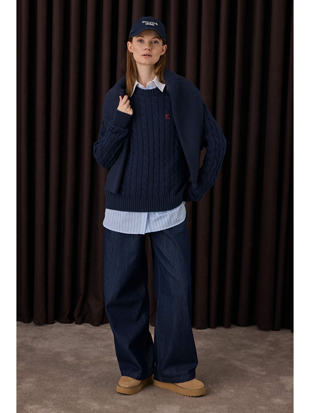 Örgü Desenli Triko Kazak Lacivert-3