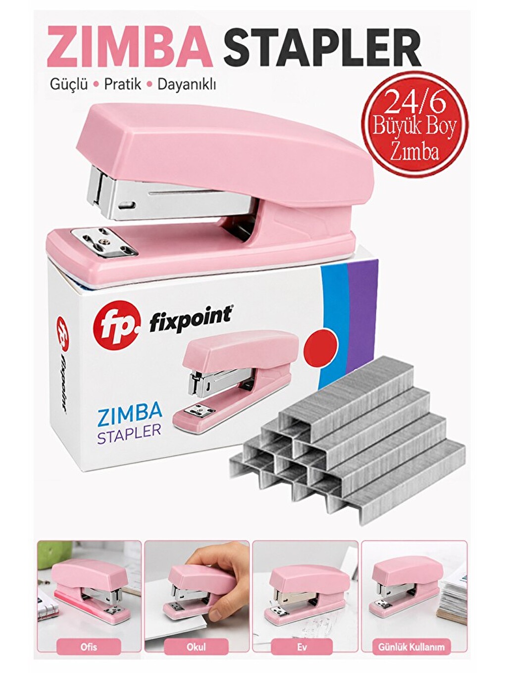Zımba Makinesi 24/6 1 Adet Fixpoint P-4529 Pastel Renkler Büyük Zımba Makinası Ve Teli 15 20 Sayfa O