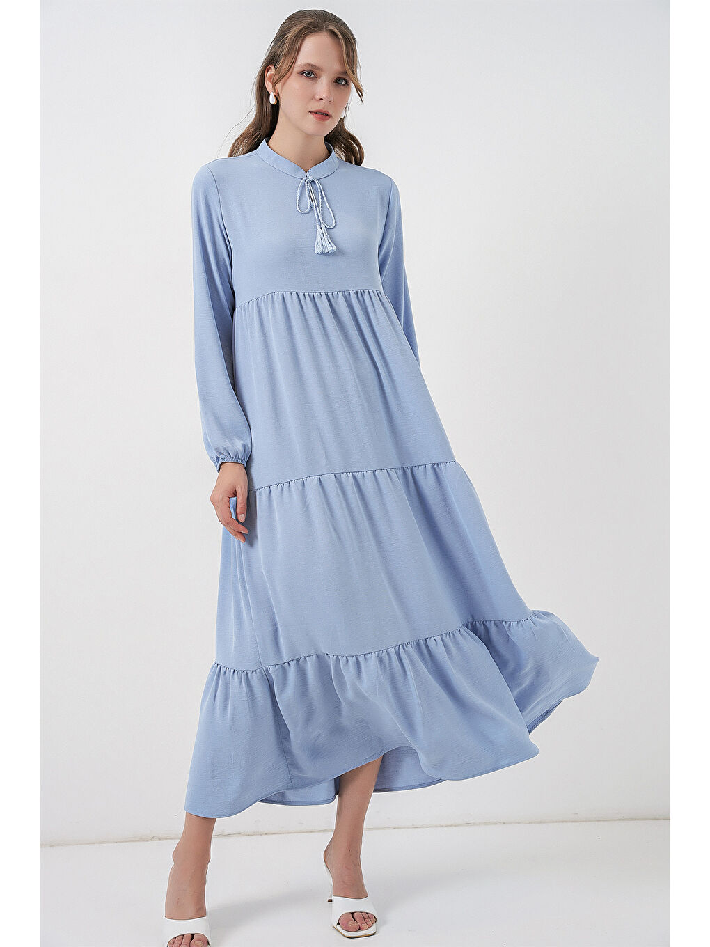 T1627 Yaka Bağcıklı Elbise - Koyu Mavi-3