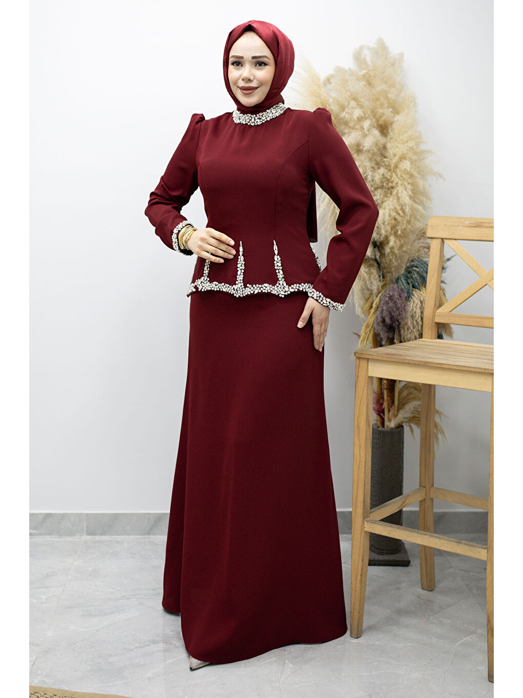 Taş İşlemeli Peplum Abiye TSD260195 Bordo-4