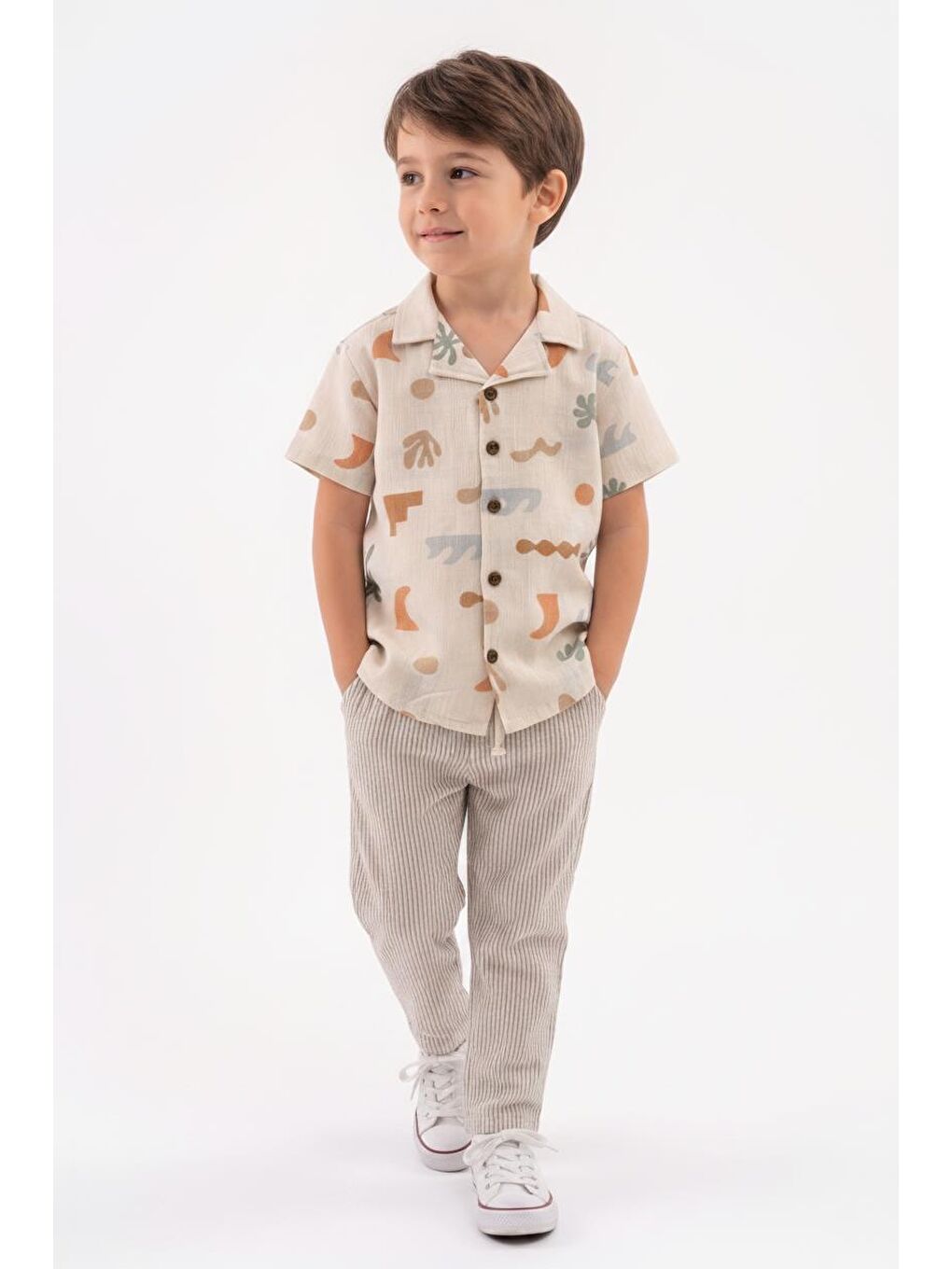 Kahverengi Baskılı Müslin Gömlek Pantolon 2li Takım