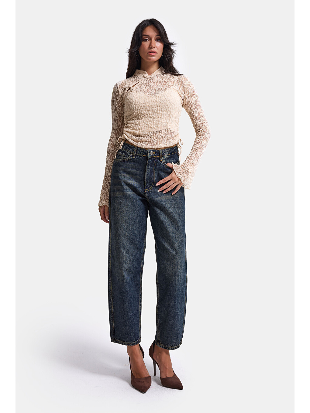 Kadın Bej W6-101 Crop Dantelli Transparan Çift Parça Tasarım Bluz-6