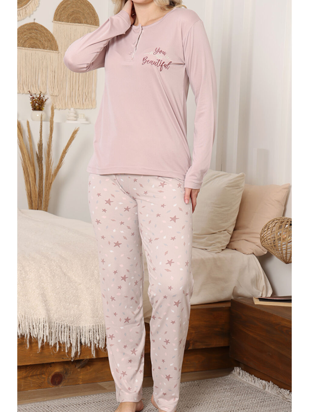 Pembe Kadın %100 Pamuk Pijama Takımı - Baskılı - 3 Düğmeli -12355-1