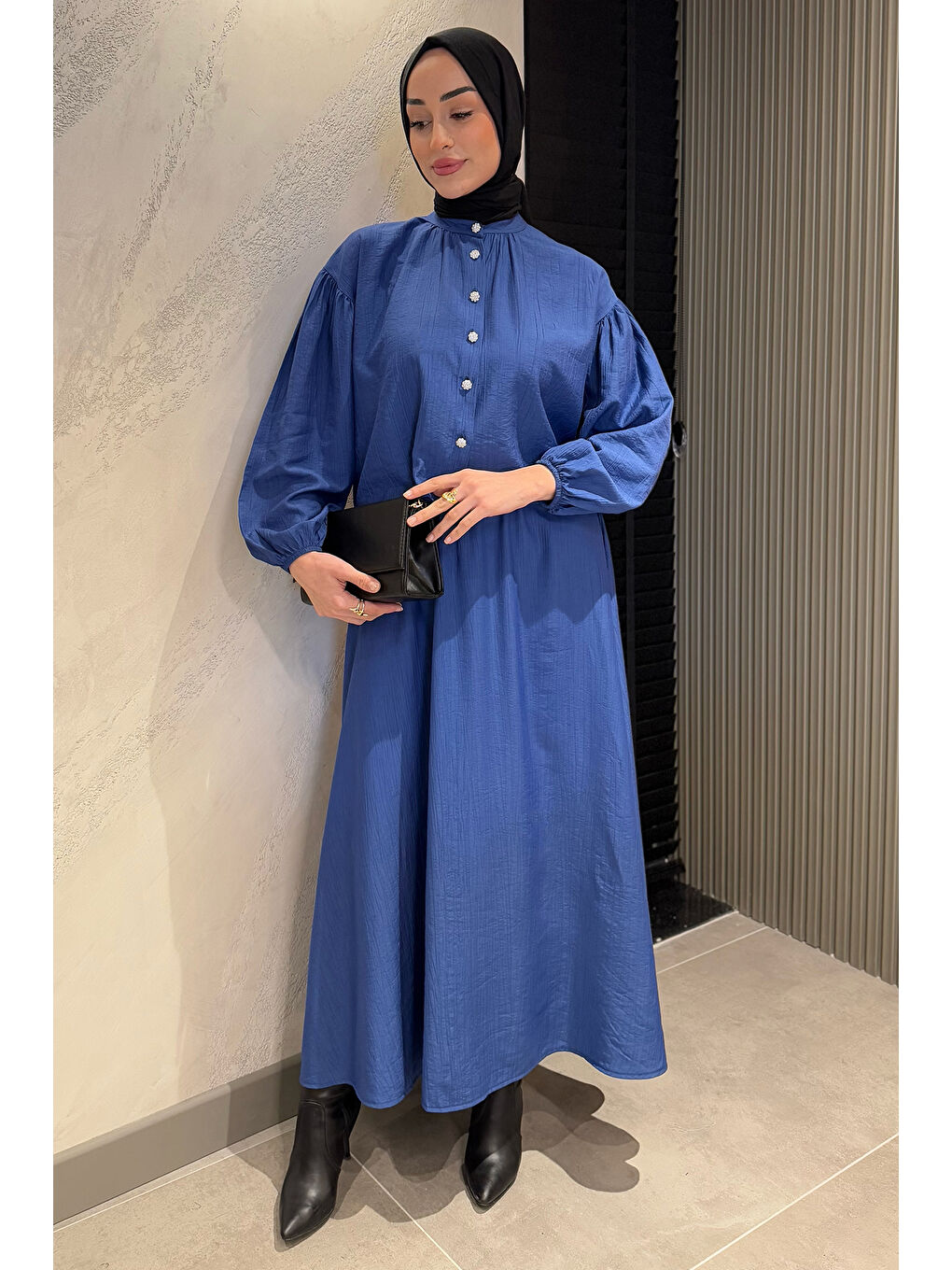 İndigo Cep Detaylı Etek Gömlek Tesettür İkili Takım-1