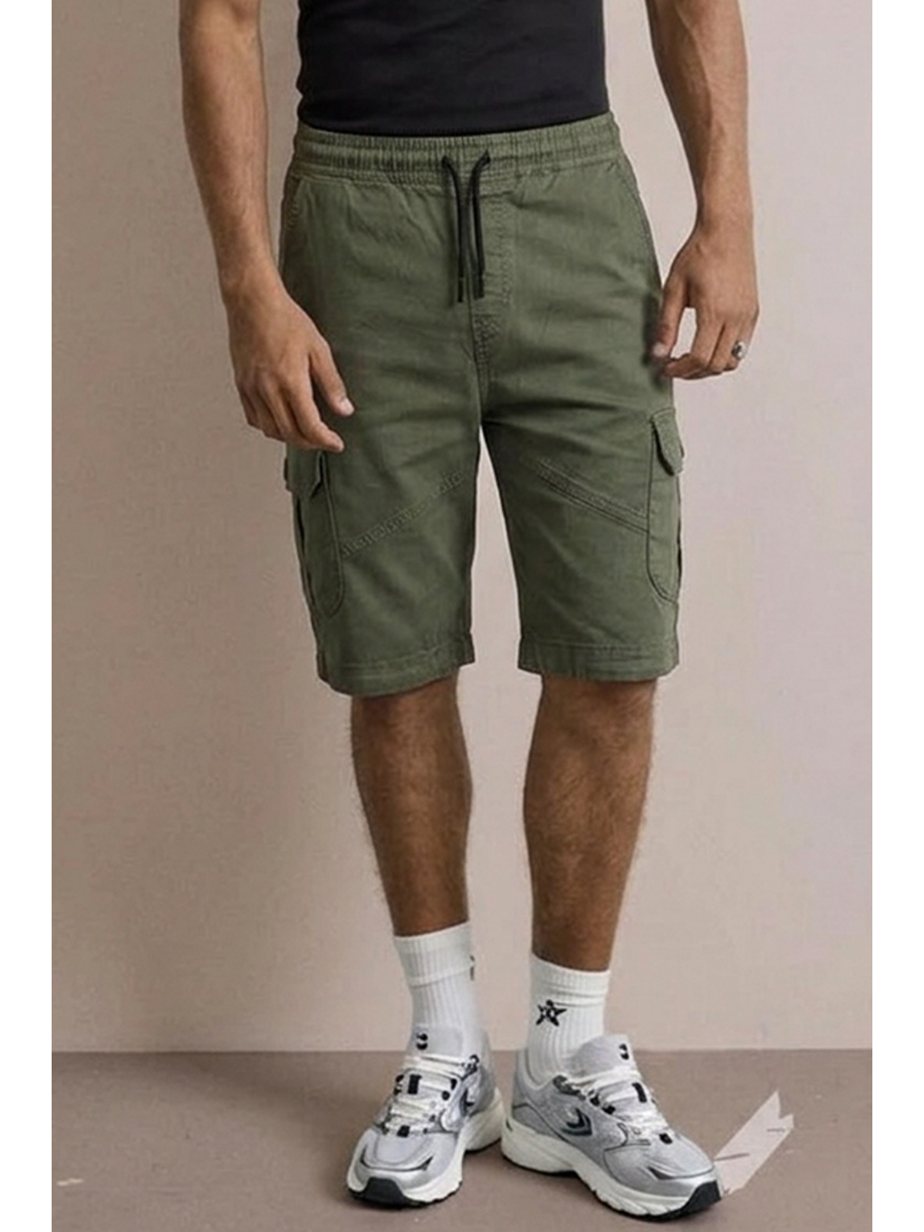 Erkek Dikiş Detaylı Jogger Kargo Cep Haki Kapri Şort-4