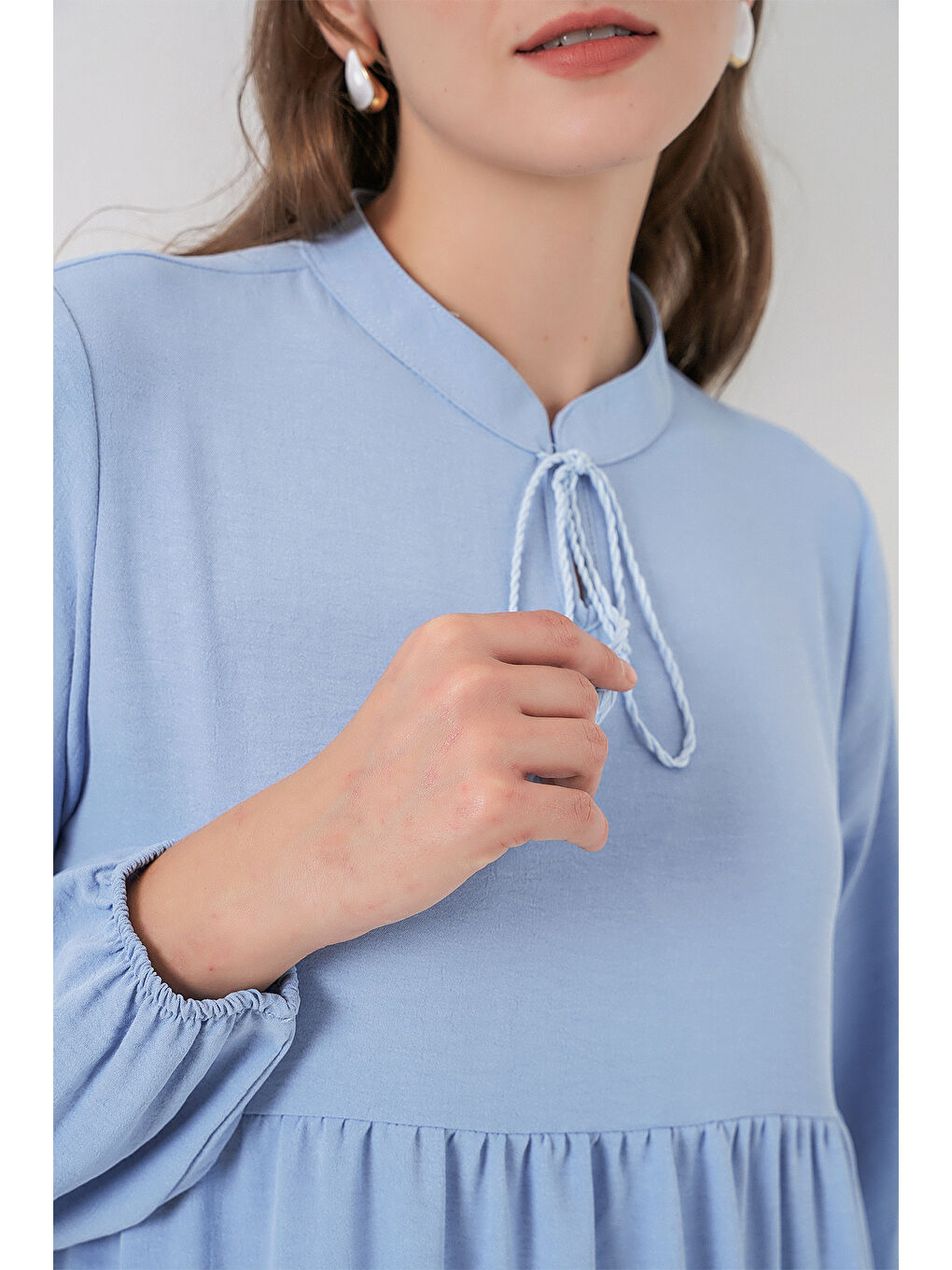 T1627 Yaka Bağcıklı Elbise - Koyu Mavi-4