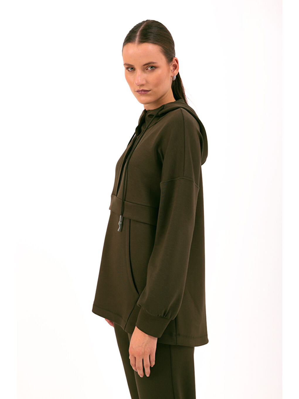 Haki Kapüşonlu Örme Spor Sweat-1