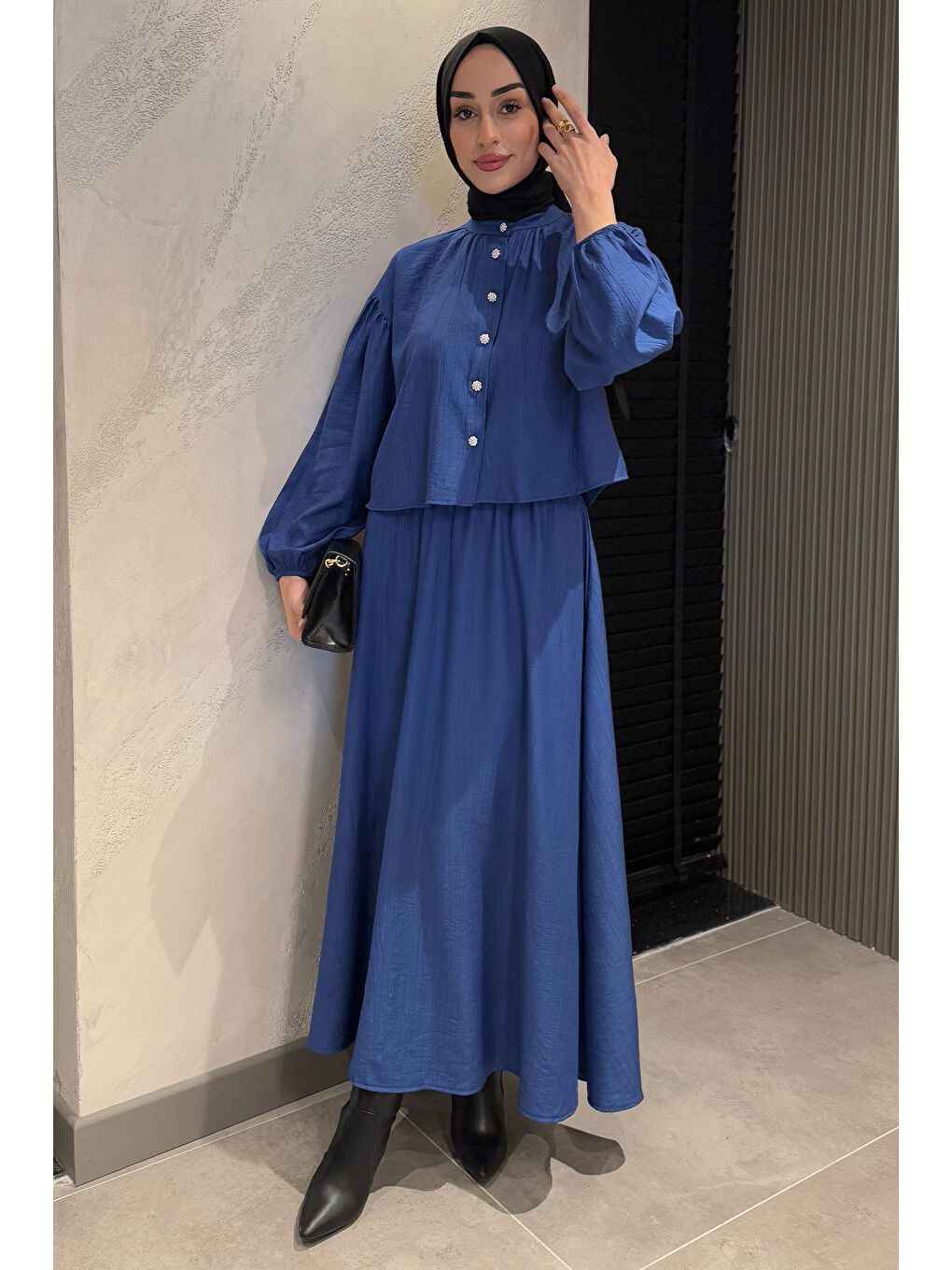 İndigo Cep Detaylı Etek Gömlek Tesettür İkili Takım-2