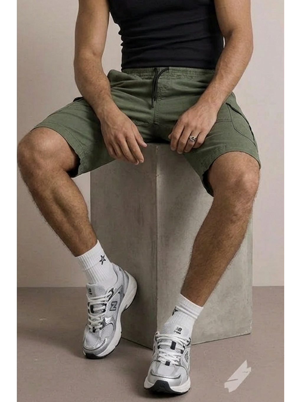 Erkek Dikiş Detaylı Jogger Kargo Cep Haki Kapri Şort-5
