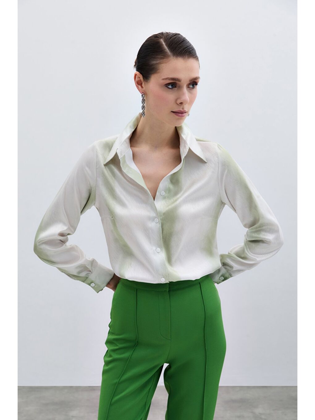 Desenli Klasik Gömlek - Çağla Yeşili-2