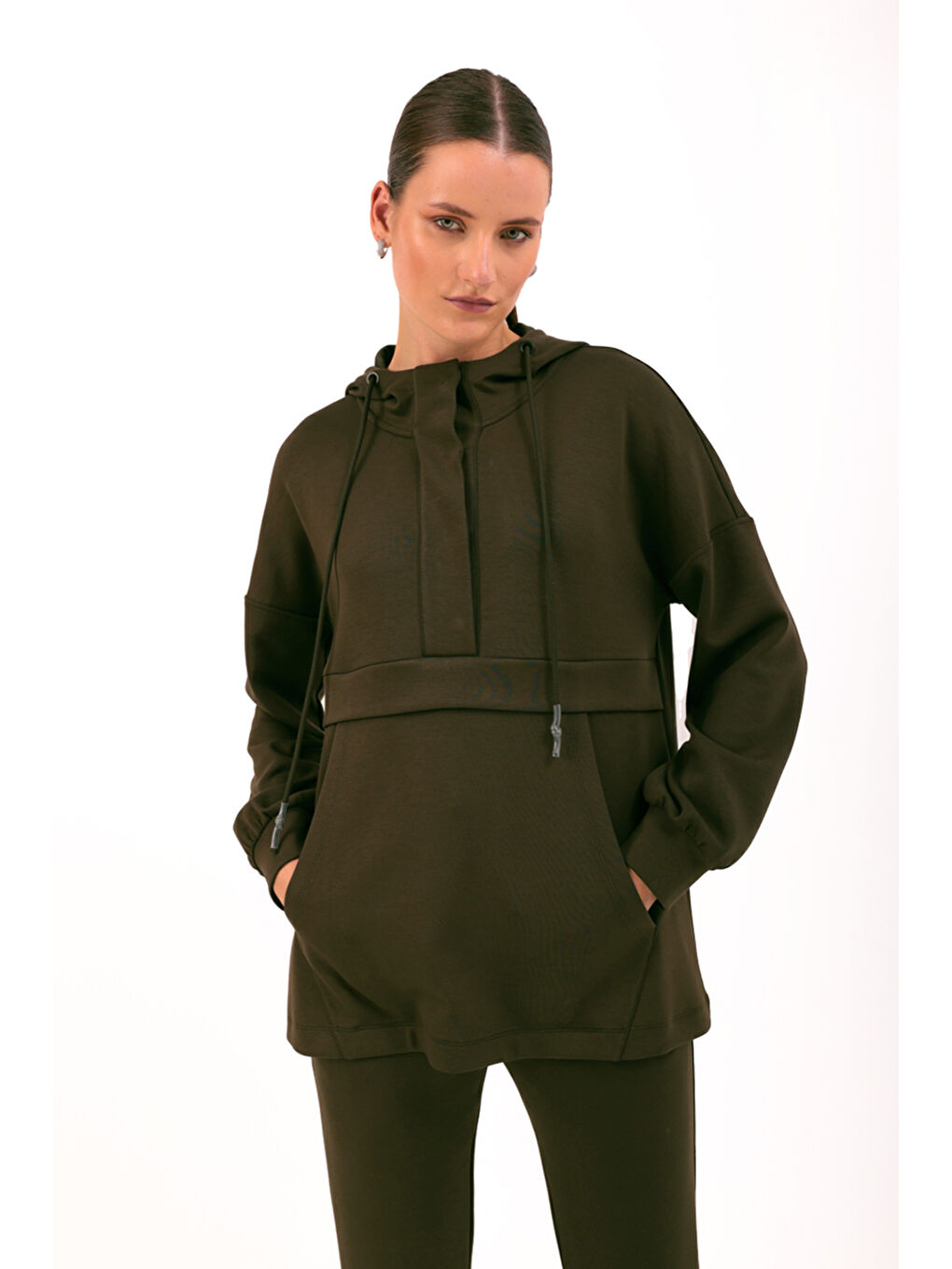 Haki Kapüşonlu Örme Spor Sweat-2