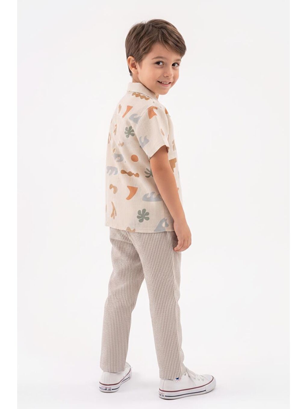 Kahverengi Baskılı Müslin Gömlek Pantolon 2li Takım-1