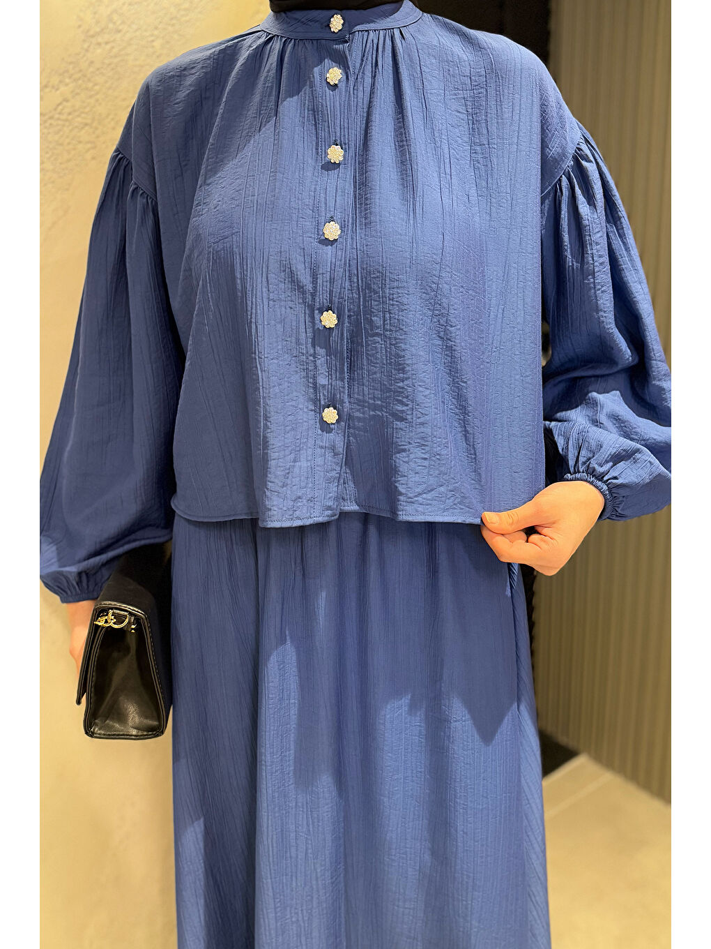 İndigo Cep Detaylı Etek Gömlek Tesettür İkili Takım-4