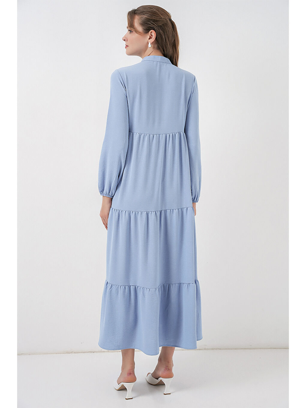 T1627 Yaka Bağcıklı Elbise - Koyu Mavi-5