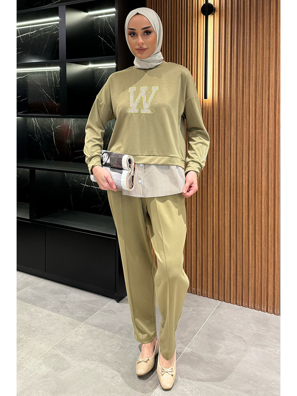 Haki Kadın Tesettür Gömlek Garnili Nakışlı Sweat Pantolon İkili Takım-2