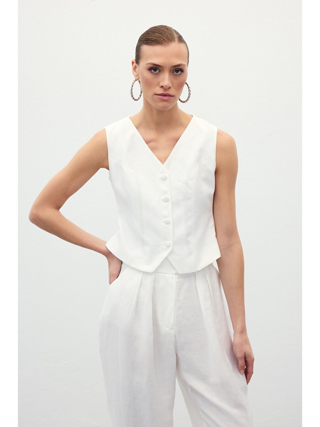 Keten Yelek - Ekru-2