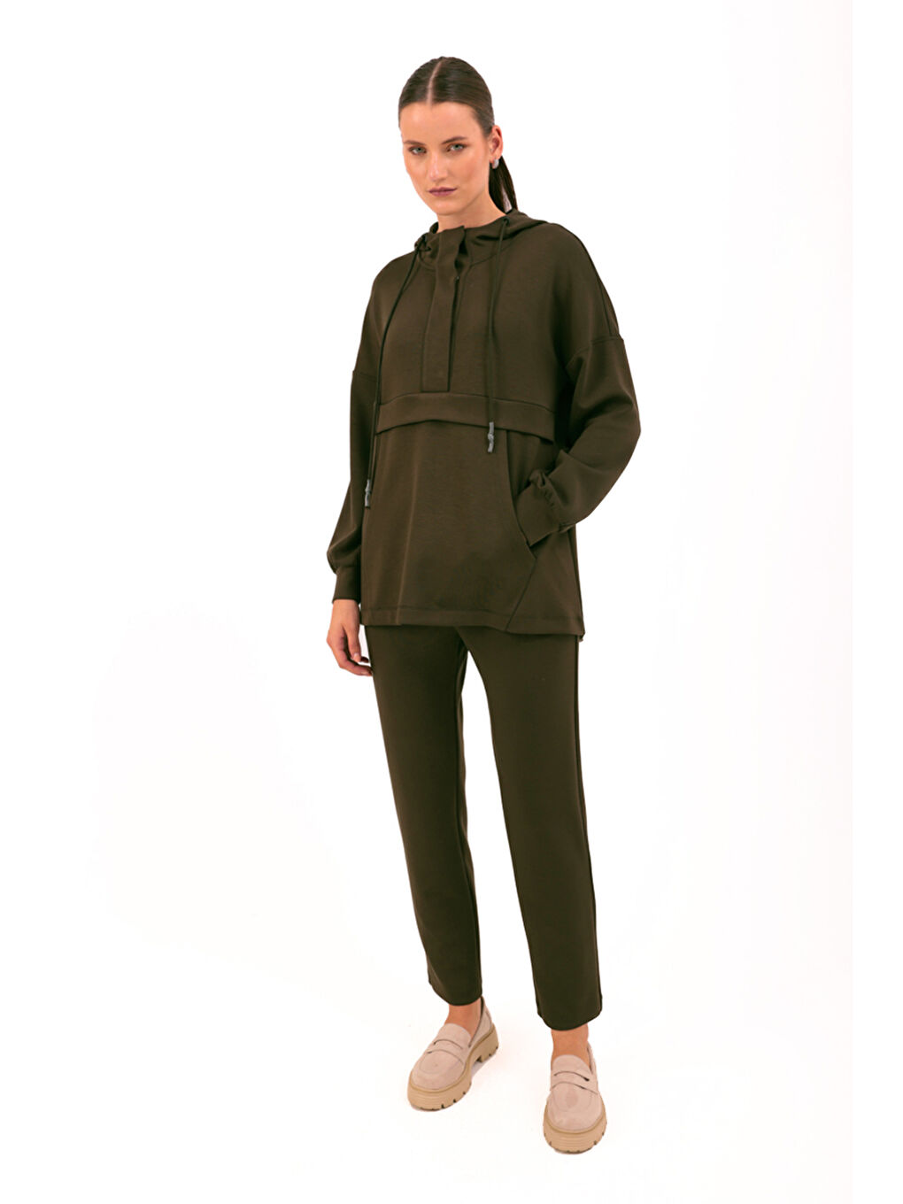 Haki Kapüşonlu Örme Spor Sweat-3