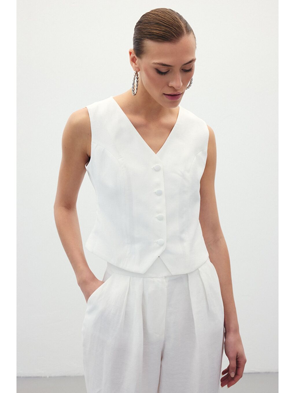 Keten Yelek - Ekru-3