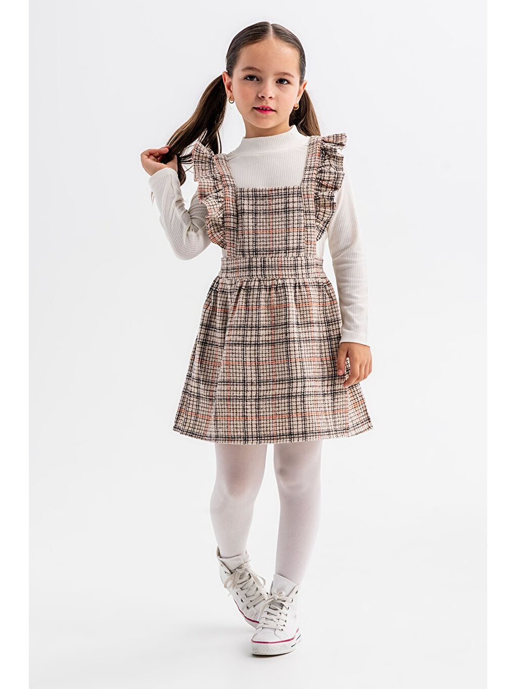 Turuncu Kız Çocuk Ekose Desenli Salopet Takım 22682-2
