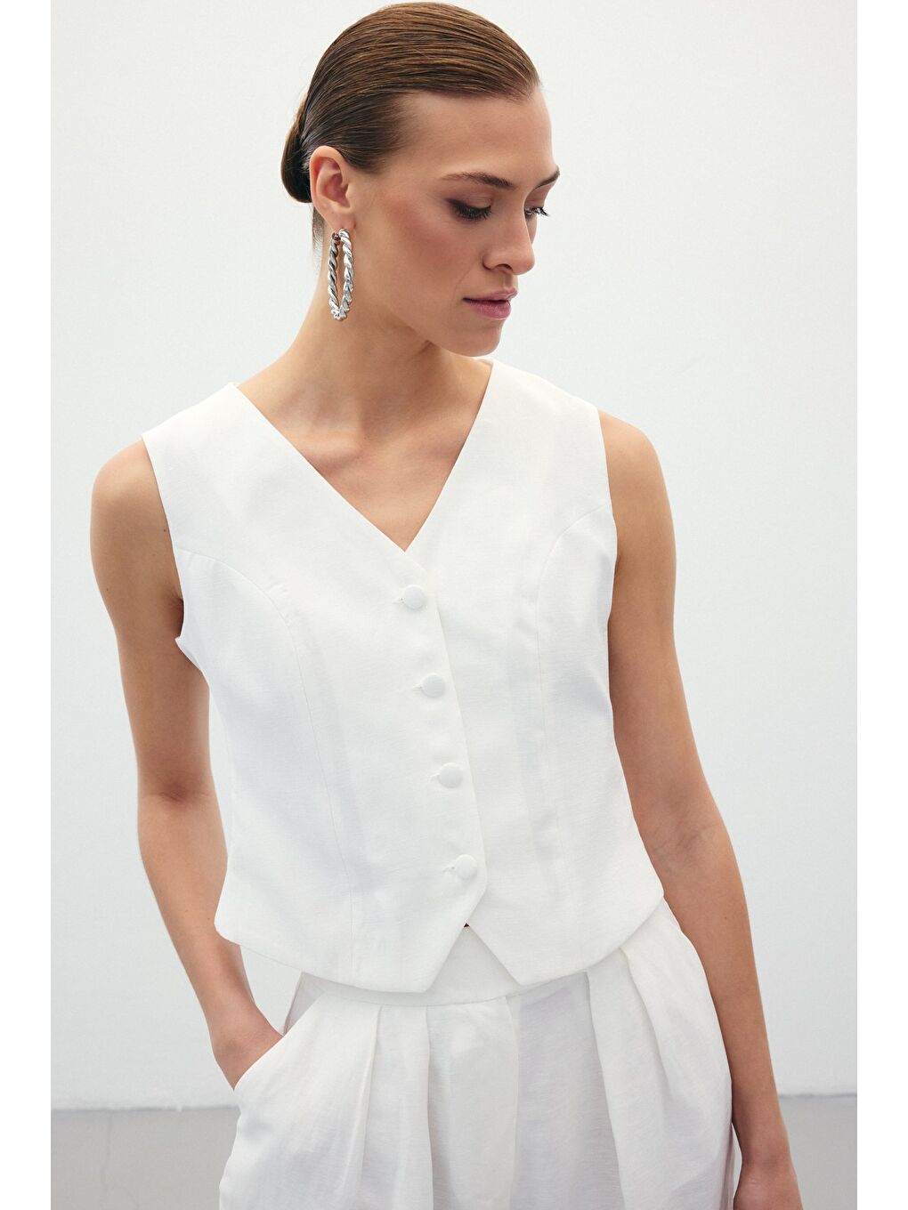 Keten Yelek - Ekru-4