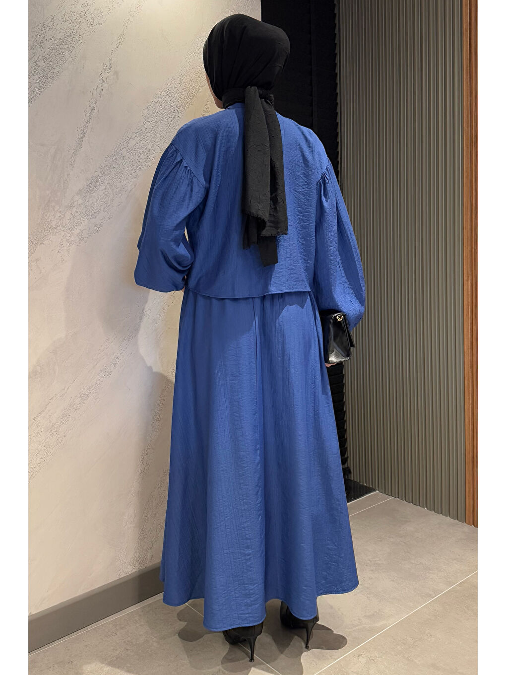 İndigo Cep Detaylı Etek Gömlek Tesettür İkili Takım-7