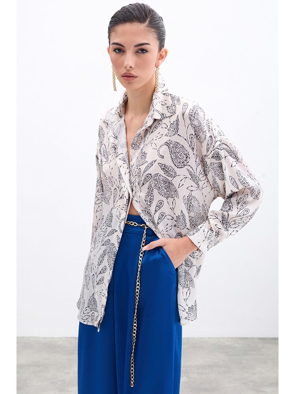 Desenli Saten Gömlek - Ekru-1