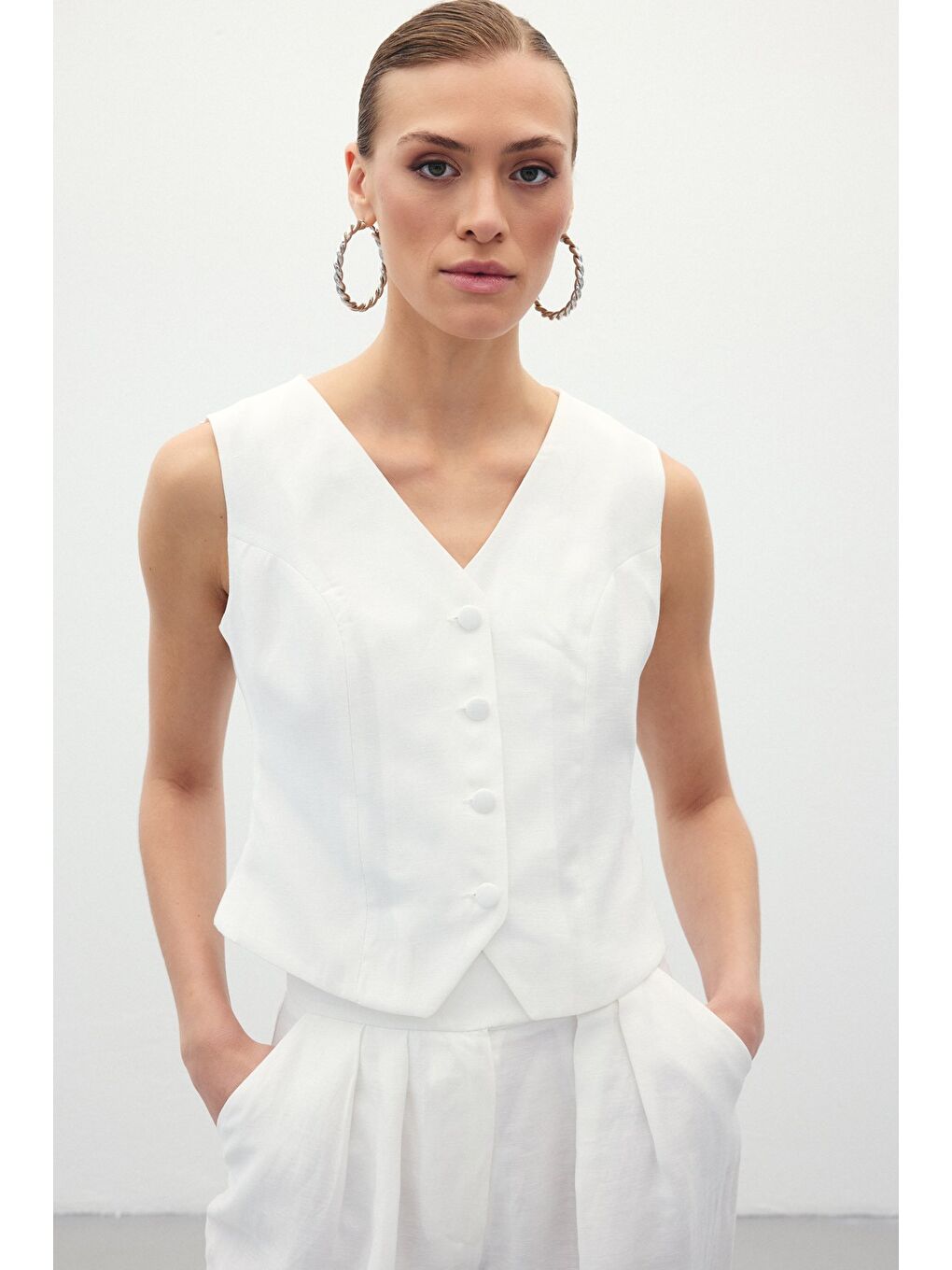 Keten Yelek - Ekru-5